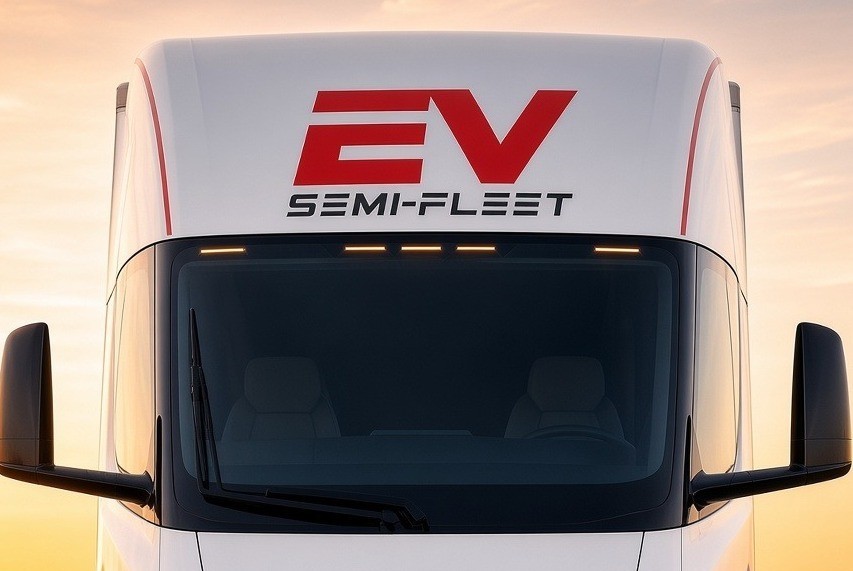 EV Semi-Fleet Class-8 Tesla Semi on a California highway at sunset